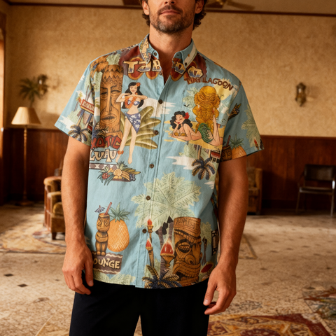 Hawaiian Vintage Pictorial TIKI Island Print Shirt