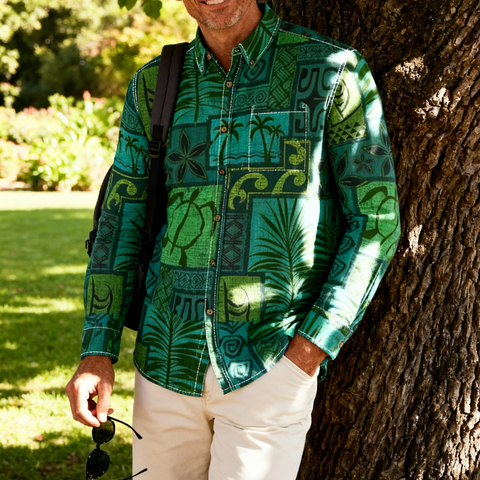 Hawaiian Tribal Volume Tiki Aloha Vintage Line Turtle Print Shirt