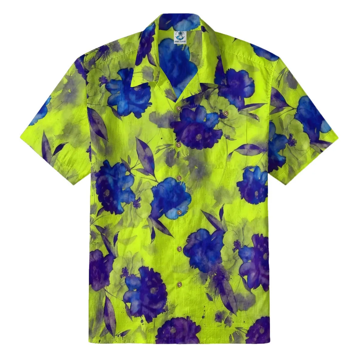 Neon Lime & Bold Blue Watercolor Floral Hawaiian Shirt