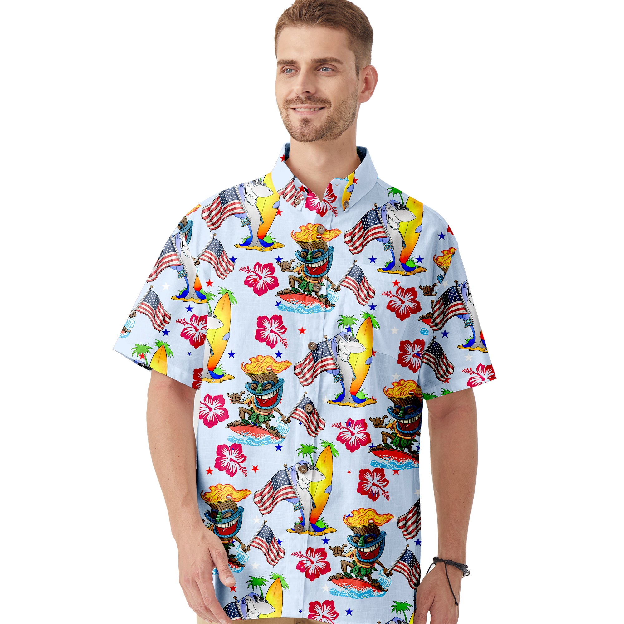 Tiki Mask Shark Independence Day  - Cotton Hawaii Shirt
