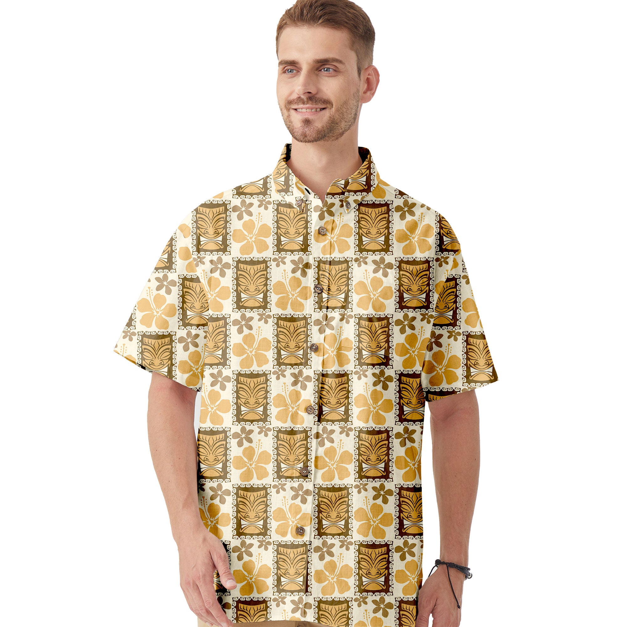 Tiki Mask Pattern Hawaiian Shirt, Tribal Tiki Hibiscus Pattern Hawaiian Shirt