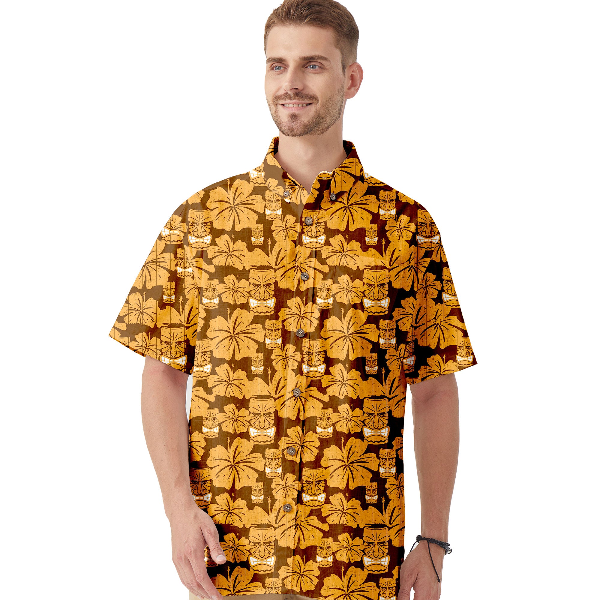 Tiki Mask Pattern Hawaiian Shirt, Tribal Tiki Hibiscus Pattern Hawaiian Shirt
