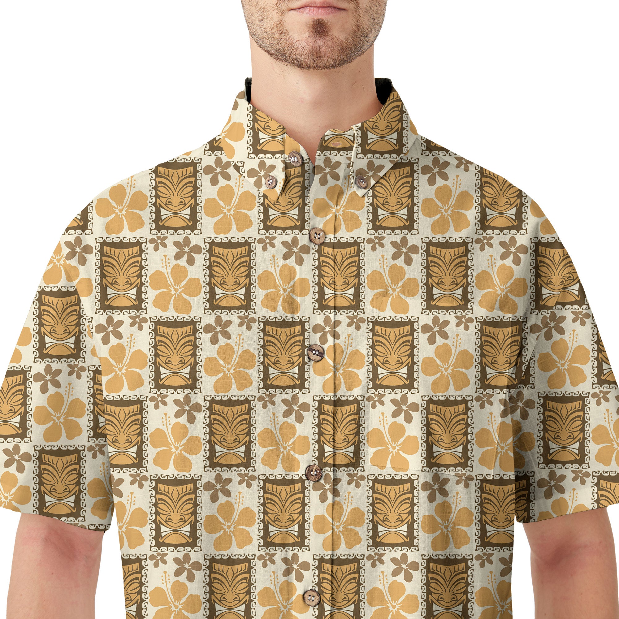 Tiki Mask Pattern Hawaiian Shirt, Tribal Tiki Hibiscus Pattern Hawaiian Shirt