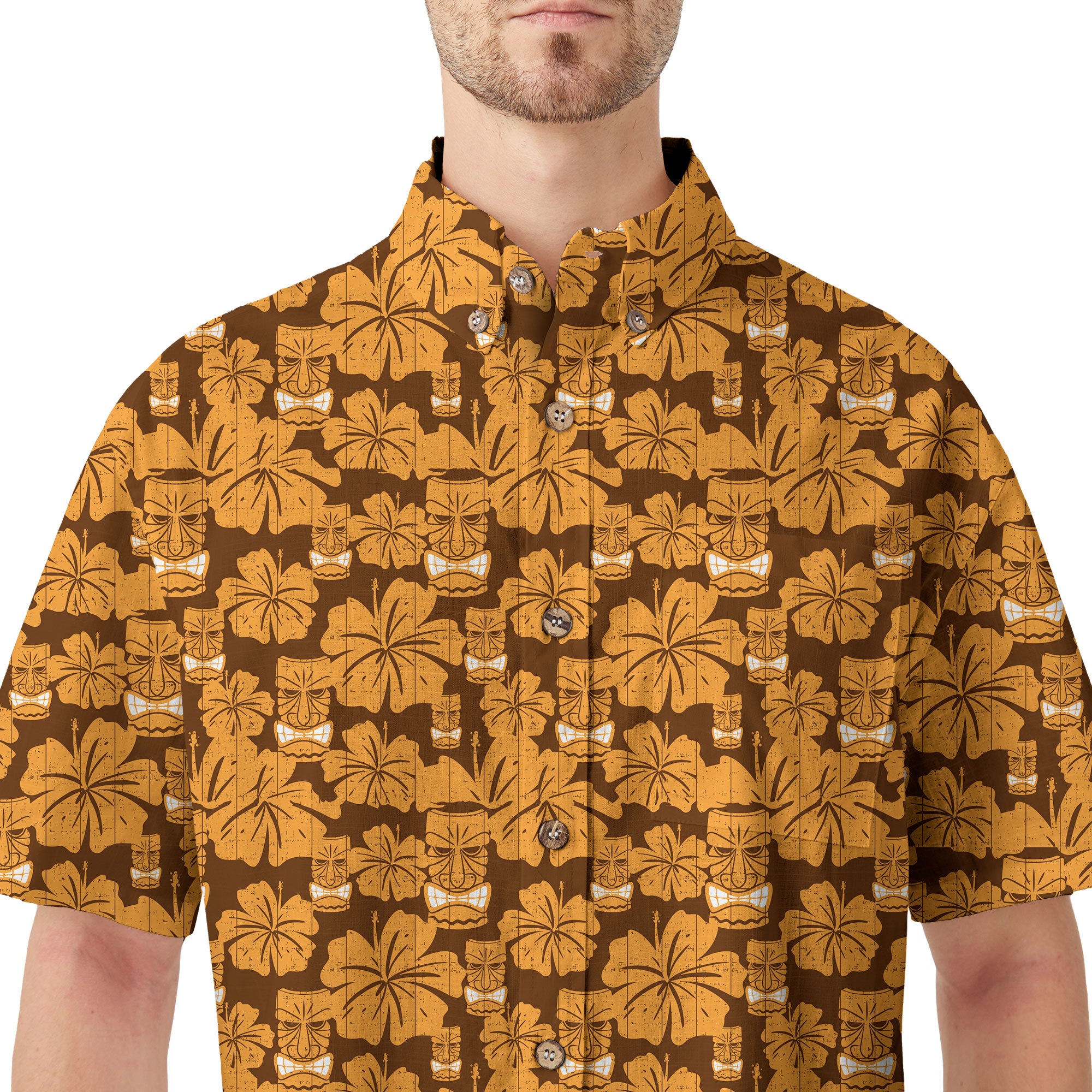 Tiki Mask Pattern Hawaiian Shirt, Tribal Tiki Hibiscus Pattern Hawaiian Shirt