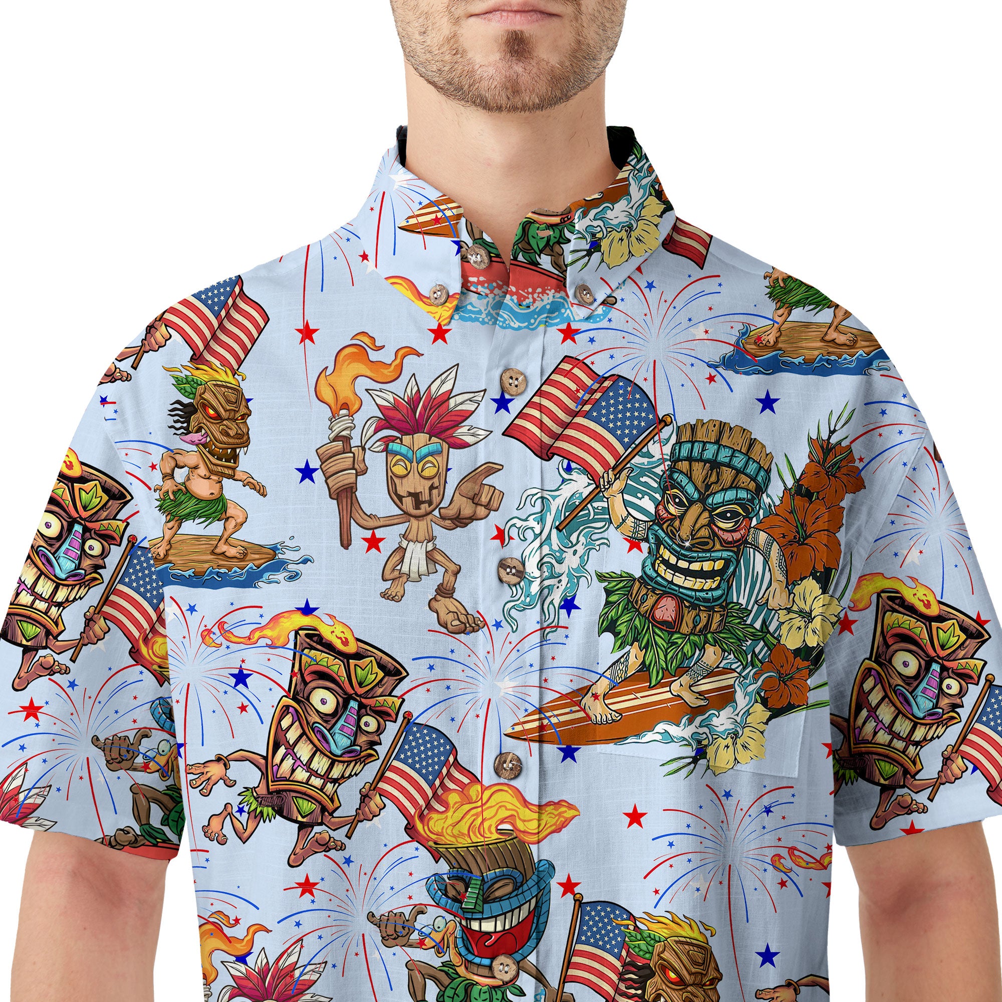 Tiki Mask 4th Of July - Cotton Hawaii Shirt
