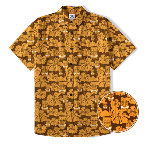Tiki Mask Pattern Hawaiian Shirt, Tribal Tiki Hibiscus Pattern Hawaiian Shirt