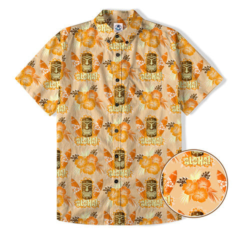 Tiki Mask Pattern Hawaiian Shirt, Tribal Tiki Hibiscus Hawaiian Shirt