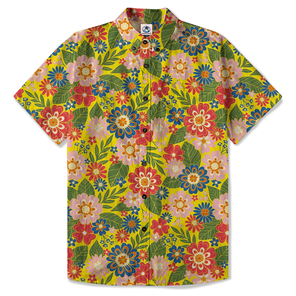 Hippie Flowers Seamless Patterns Hawaii Shirt, Colorful Hippie Boho Retro 70s Hawaii Shirt