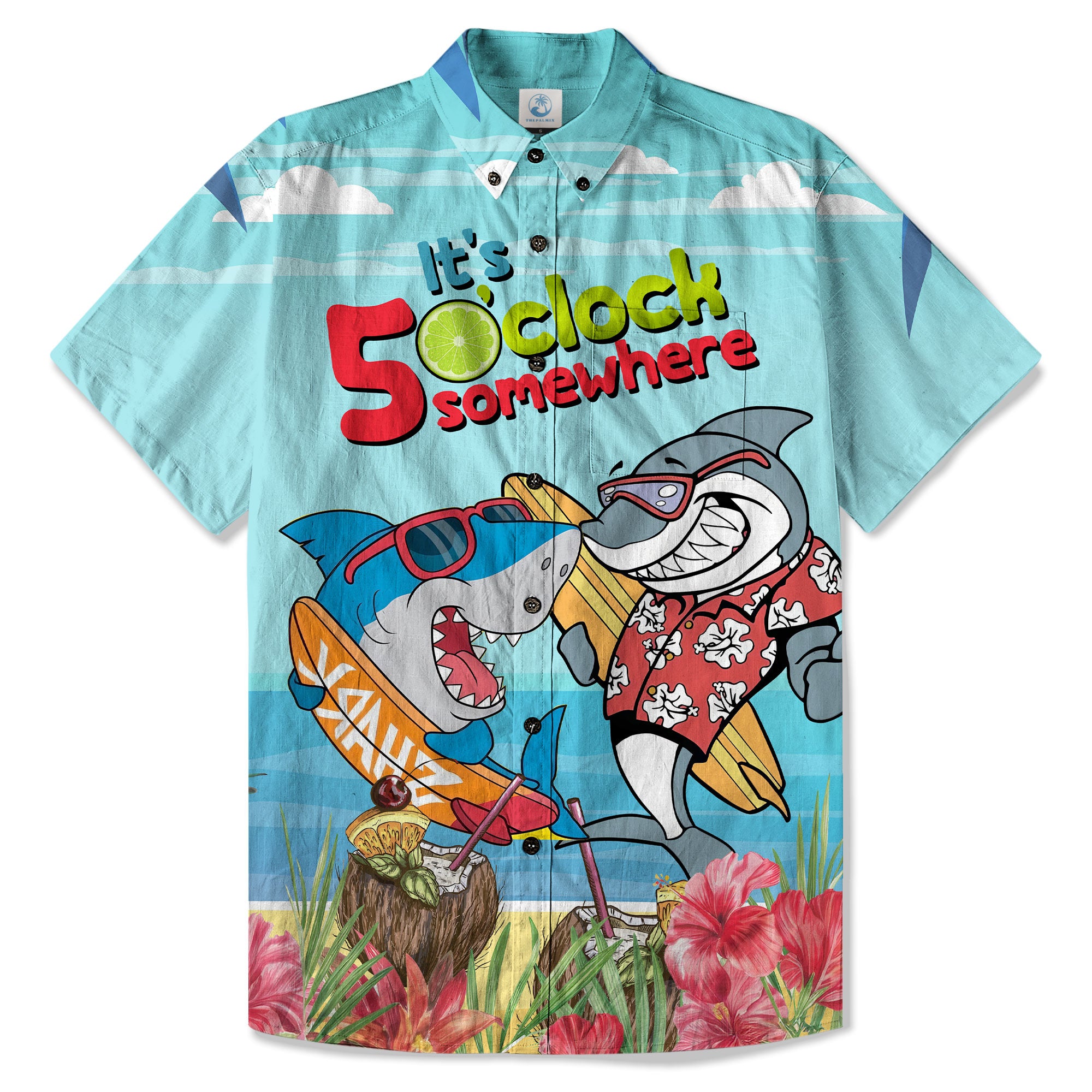 Retro Shark Hibiscus Drink Short Sleeve Shirt, I'm Not Waiting Until 5 Shirt