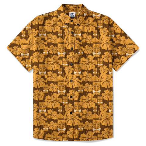 Tiki Mask Pattern Hawaiian Shirt, Tribal Tiki Hibiscus Pattern Hawaiian Shirt