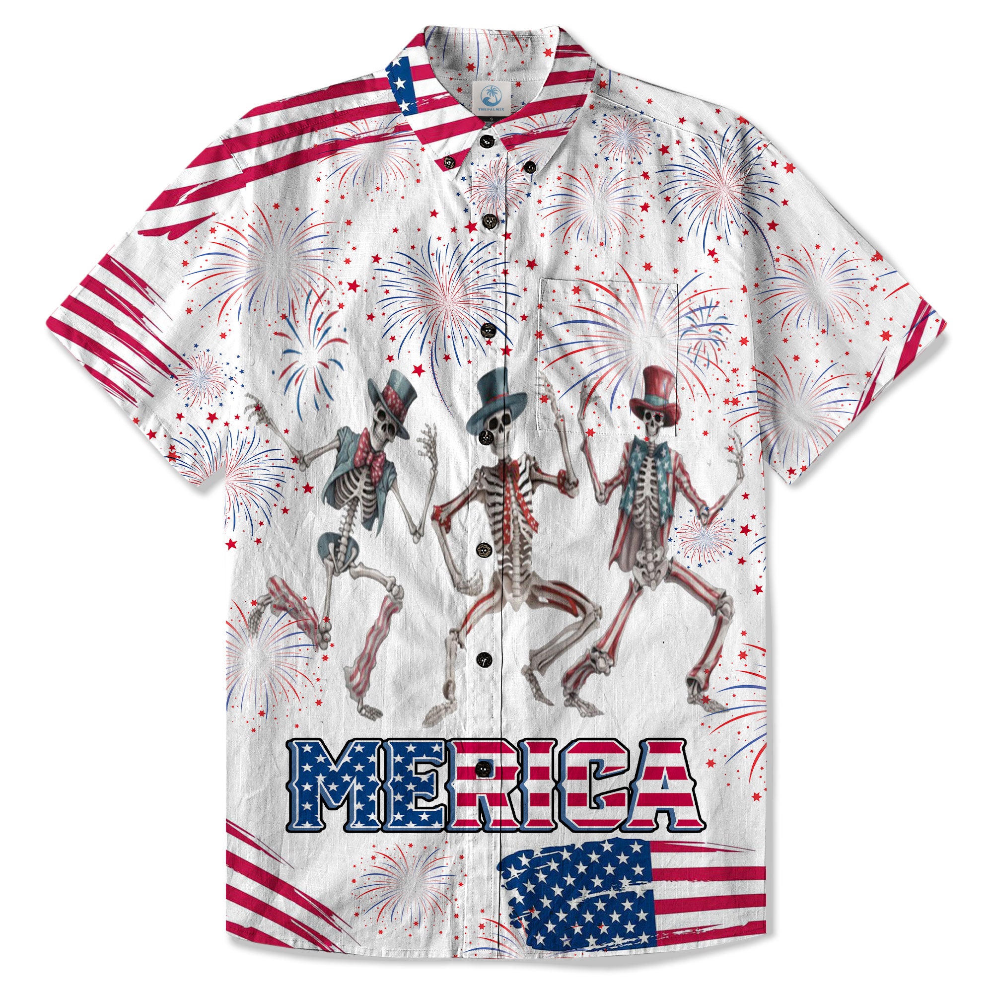 Dancing Skeleton American Flag July 4th Halloween Patriotic Hawaiian Shirt