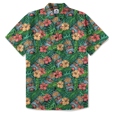 Tribal Tiki Hawaiian Shirt, Tiki Hibuscus Flowers Aloha Hawaii Shirt