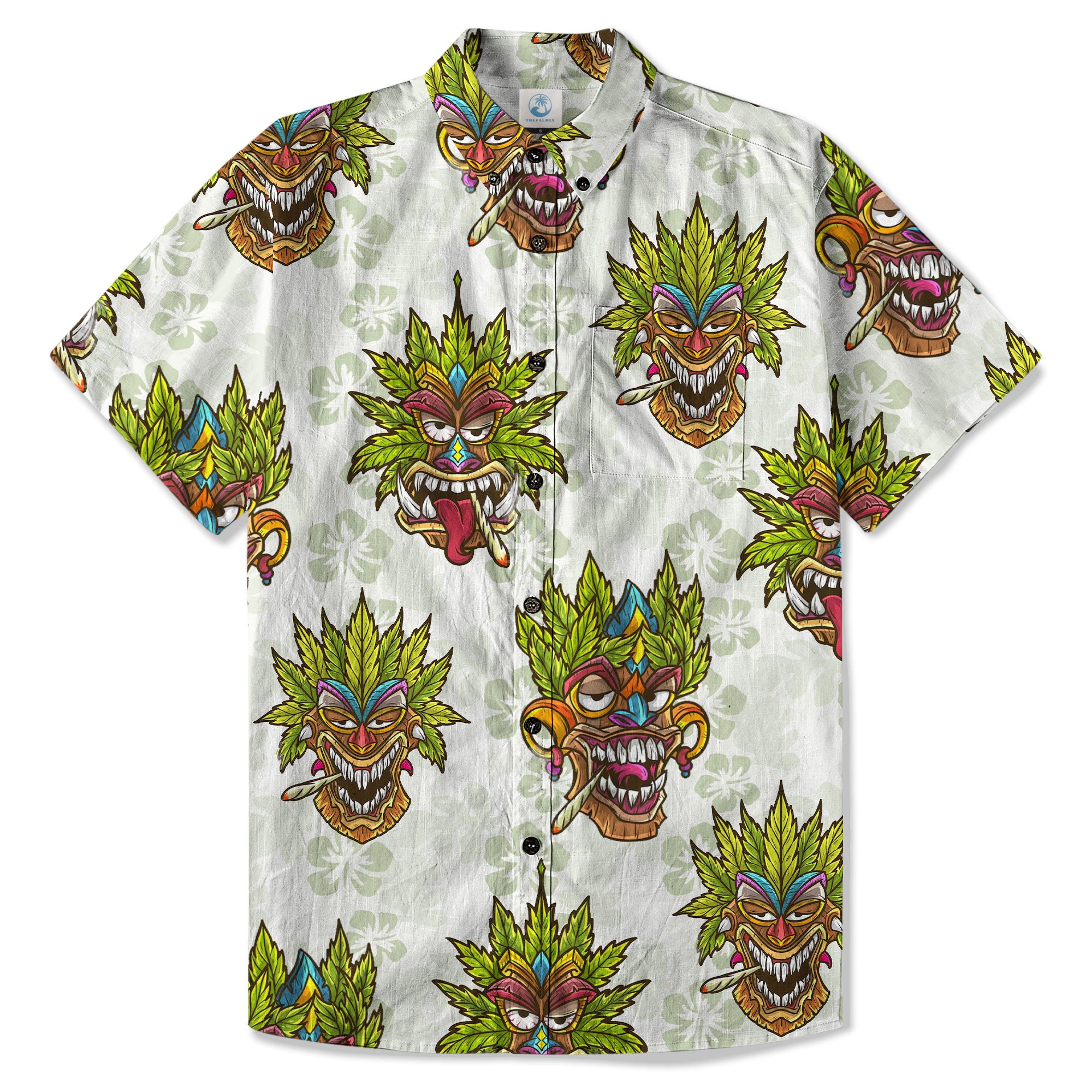 Tiki Mask Cannabis Smoking Hawaii Shirt, Hibiscus Flowers Smoking Tiki Hawaii Shirt