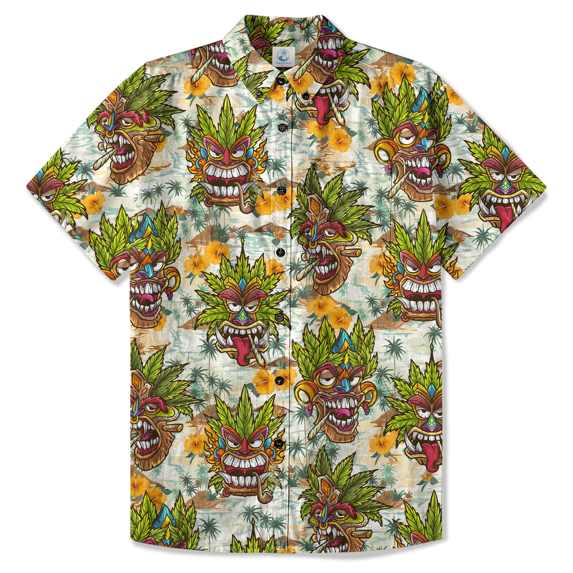Tiki Mask Cannabis Smoking Hawaii Shirt, Hibiscus Flowers Smoking Tiki Hawaii Shirt