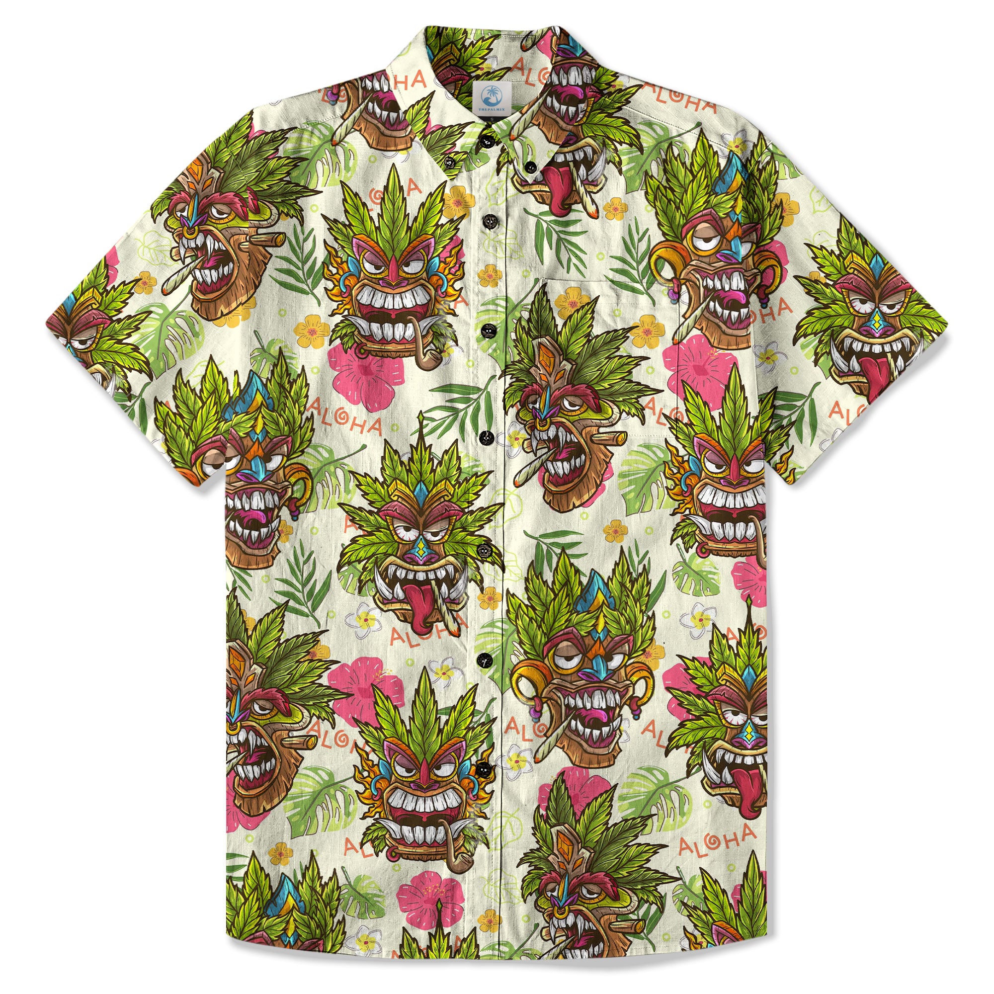 Tiki Mask Cannabis Smoking Hawaii Shirt, Hibiscus Flowers Smoking Tiki Hawaii Shirt