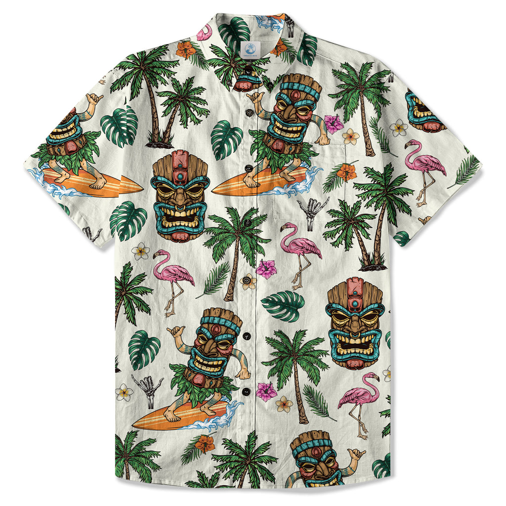 Tiki Mask Hawaii Shirt, Aloha Flowers Surfing Tiki Hawaii Shirt