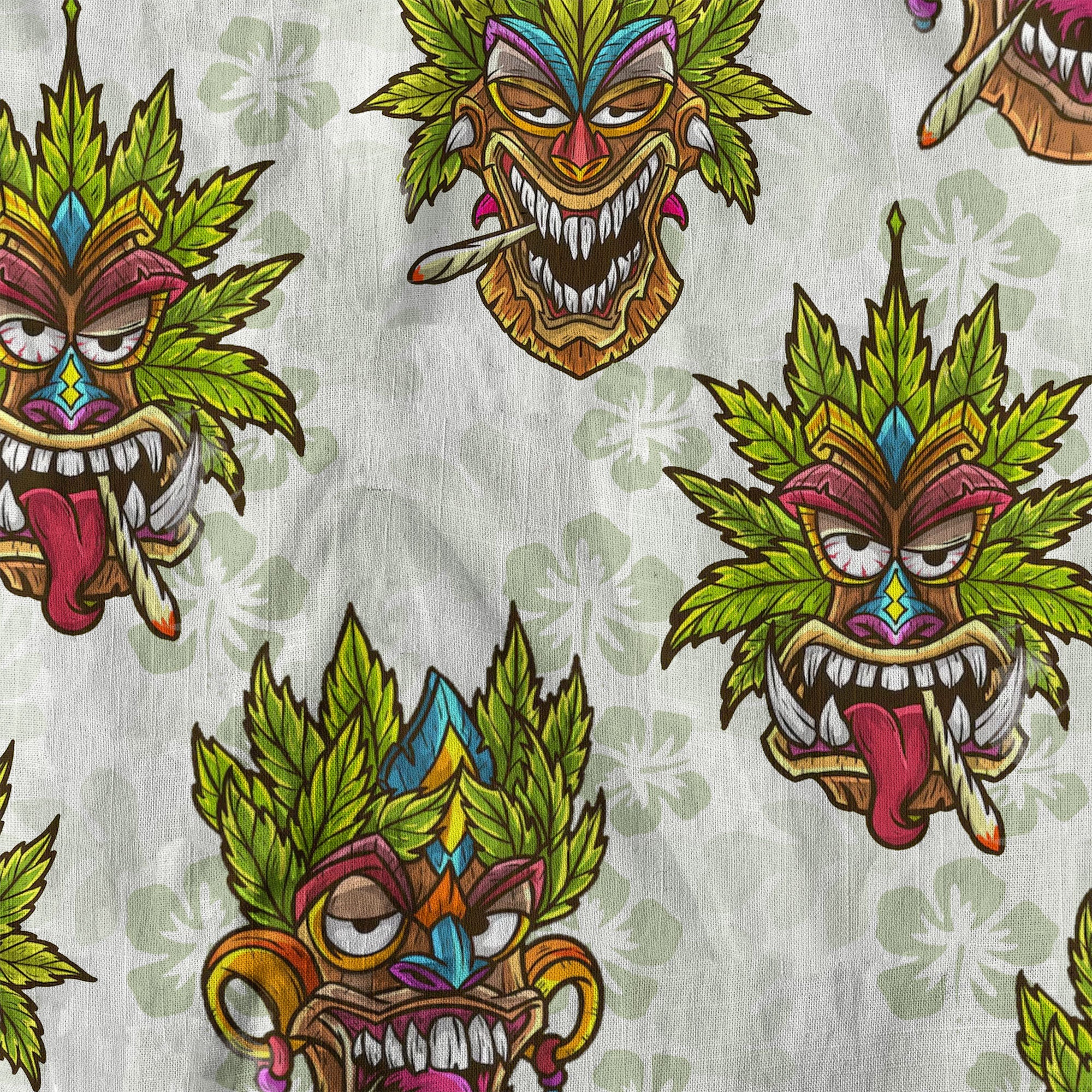 Tiki Mask Cannabis Smoking Hawaii Shirt, Hibiscus Flowers Smoking Tiki Hawaii Shirt