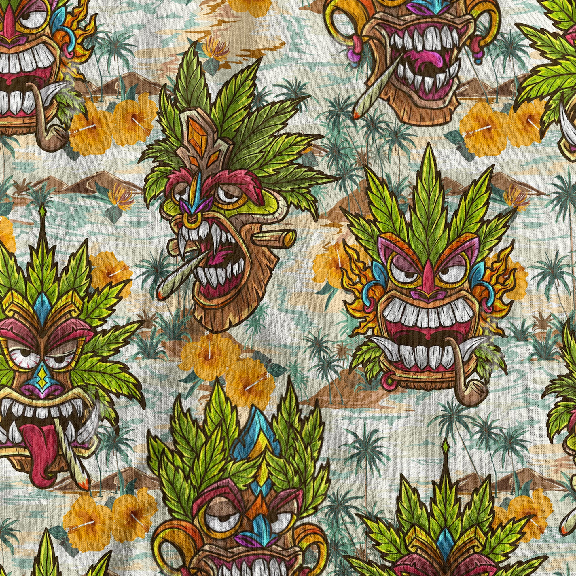 Tiki Mask Cannabis Smoking Hawaii Shirt, Hibiscus Flowers Smoking Tiki Hawaii Shirt