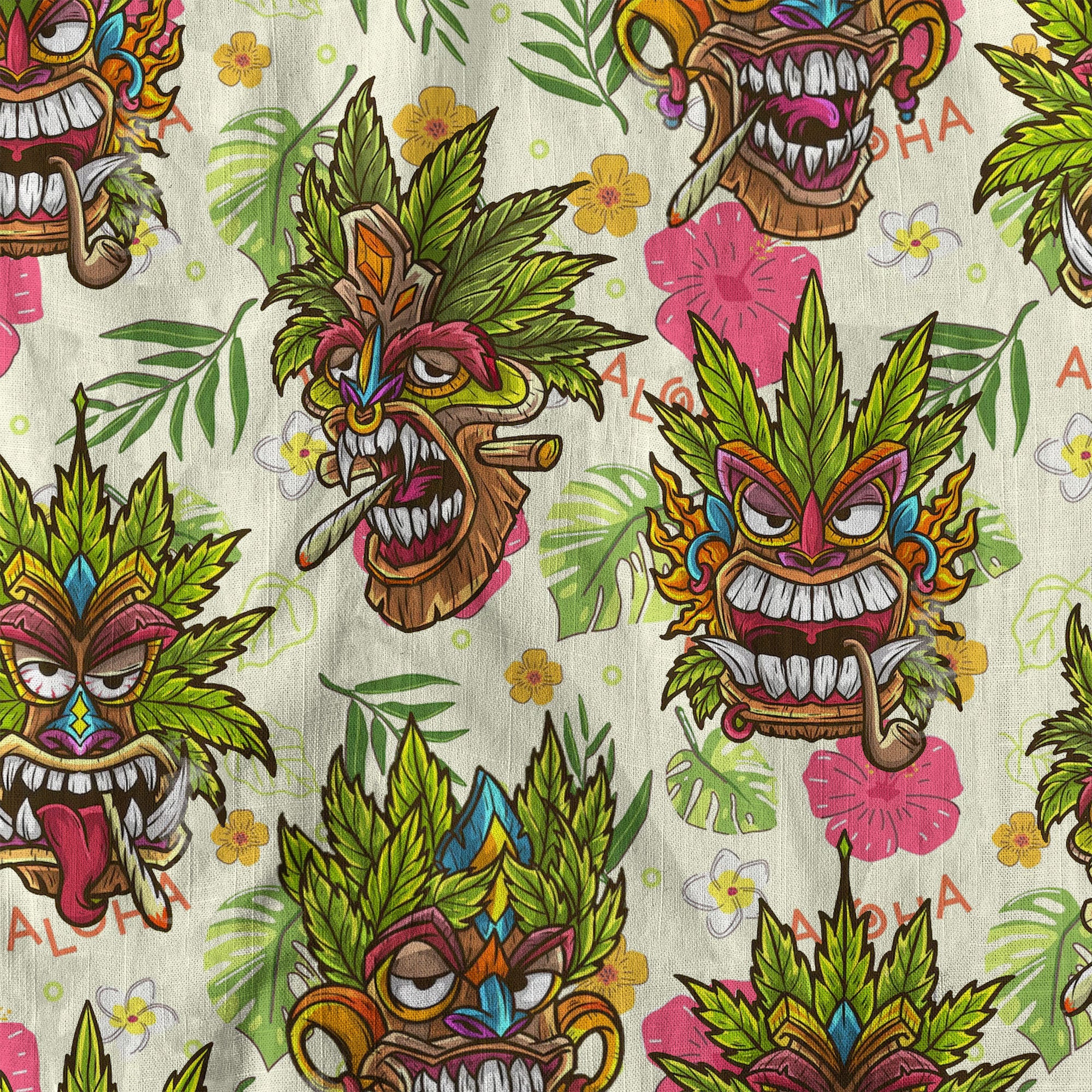 Tiki Mask Cannabis Smoking Hawaii Shirt, Hibiscus Flowers Smoking Tiki Hawaii Shirt