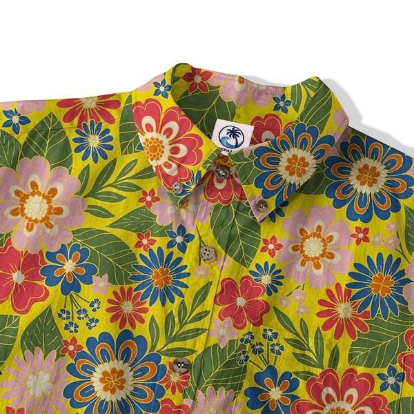 Hippie Flowers Seamless Patterns Hawaii Shirt, Colorful Hippie Boho Retro 70s Hawaii Shirt