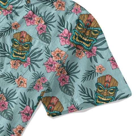 Polynesian Tiki Mask And Hibiscus Flowers Hawaiian Shirt
