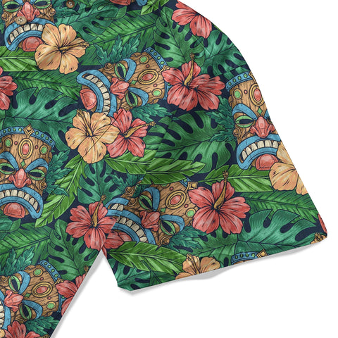 Tribal Tiki Hawaiian Shirt, Tiki Hibuscus Flowers Aloha Hawaii Shirt