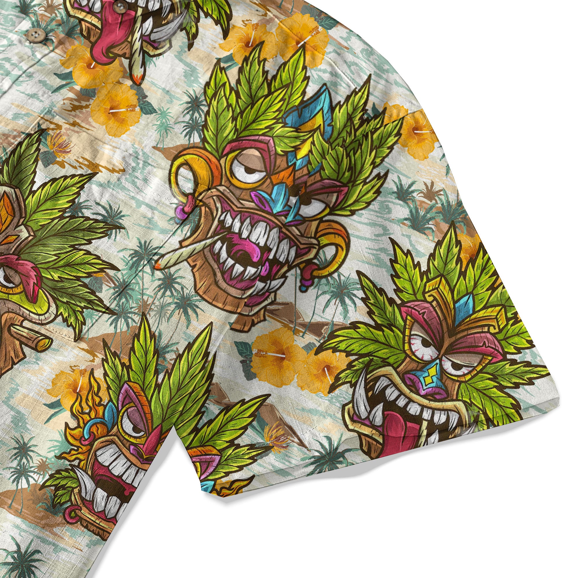 Tiki Mask Cannabis Smoking Hawaii Shirt, Hibiscus Flowers Smoking Tiki Hawaii Shirt
