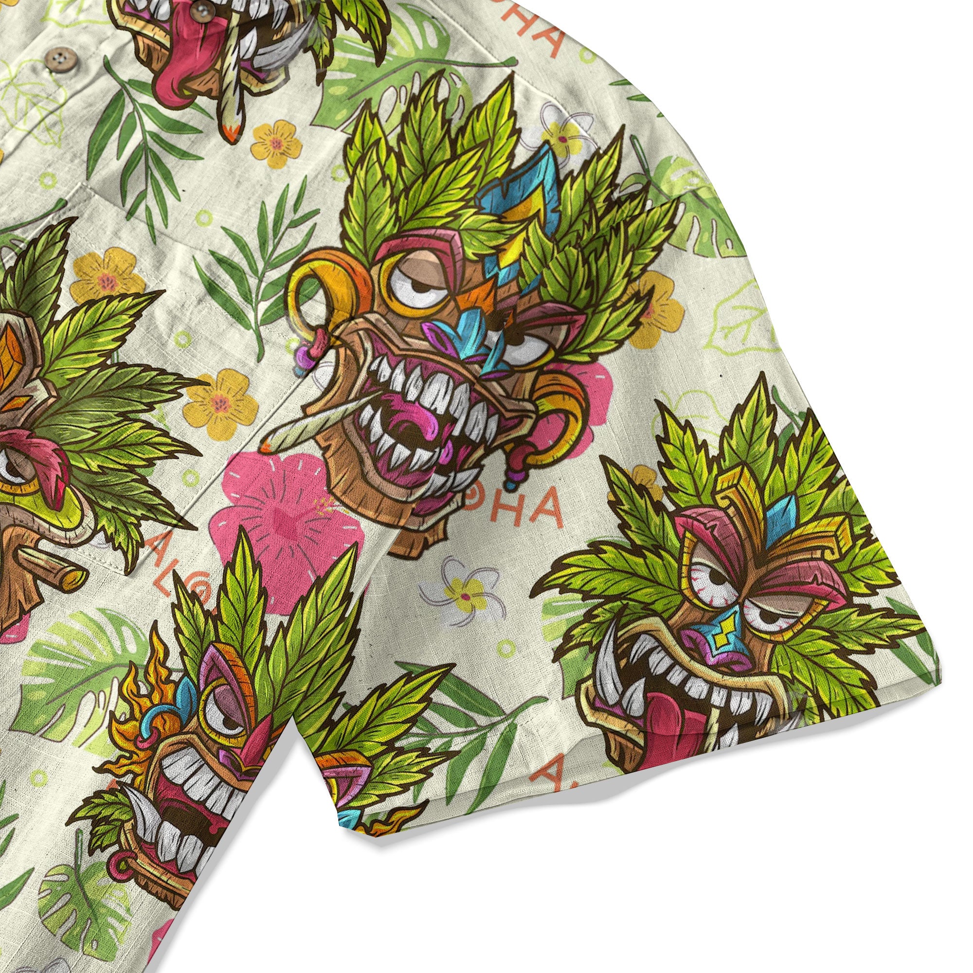 Tiki Mask Cannabis Smoking Hawaii Shirt, Hibiscus Flowers Smoking Tiki Hawaii Shirt