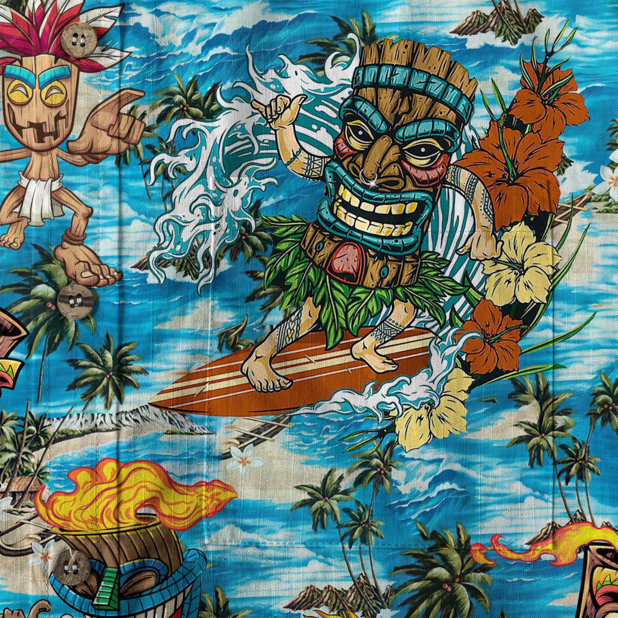 Surfing Tiki Mask Hawaii Shirt, Tiki Aloha Pattern Hawaiian Shirt