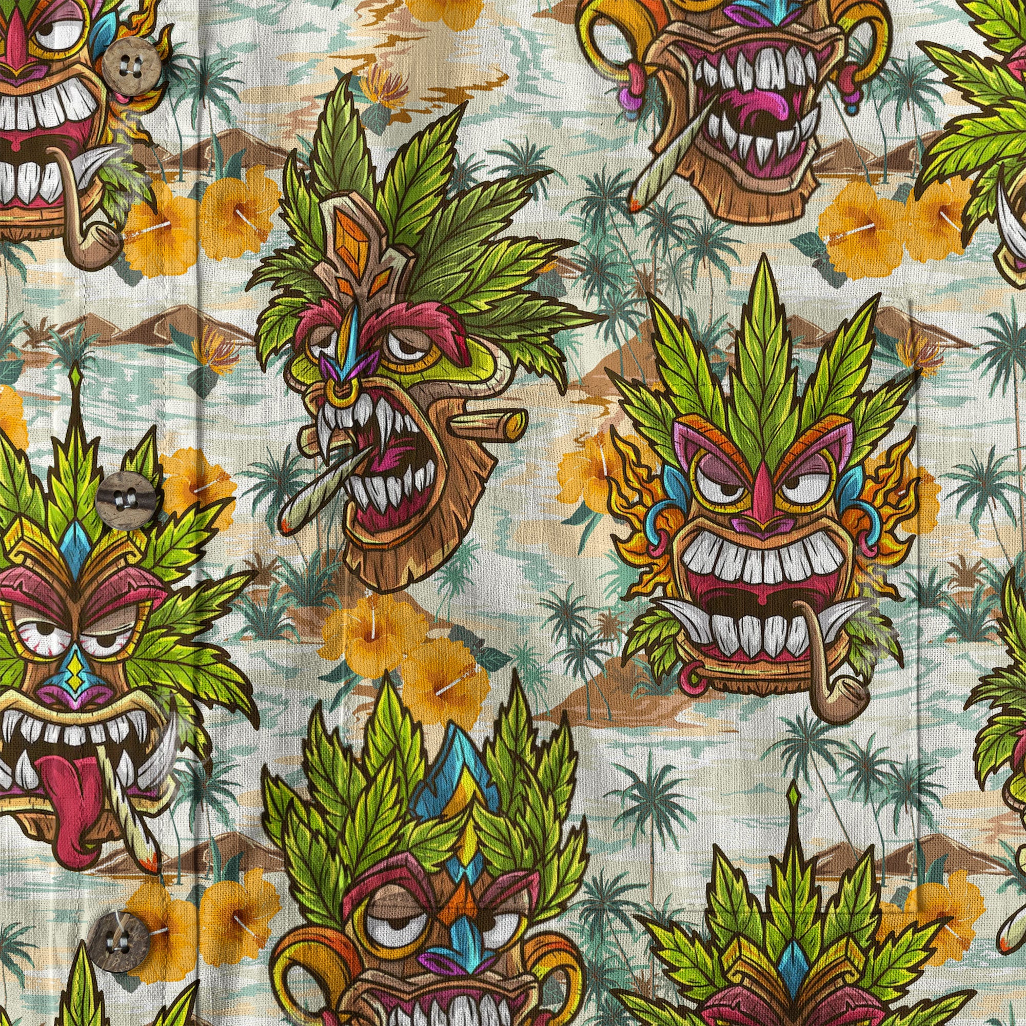 Tiki Mask Cannabis Smoking Hawaii Shirt, Hibiscus Flowers Smoking Tiki Hawaii Shirt