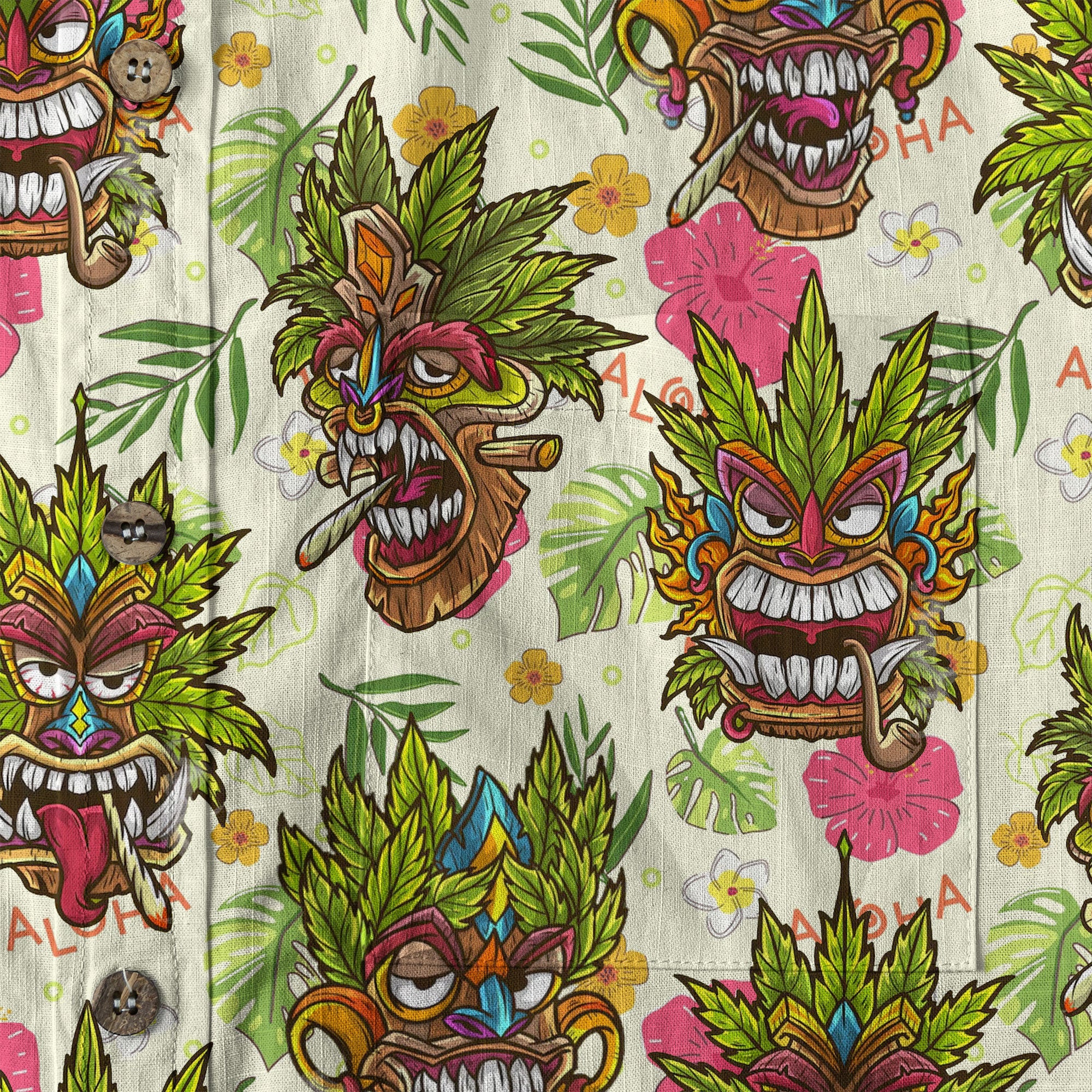 Tiki Mask Cannabis Smoking Hawaii Shirt, Hibiscus Flowers Smoking Tiki Hawaii Shirt