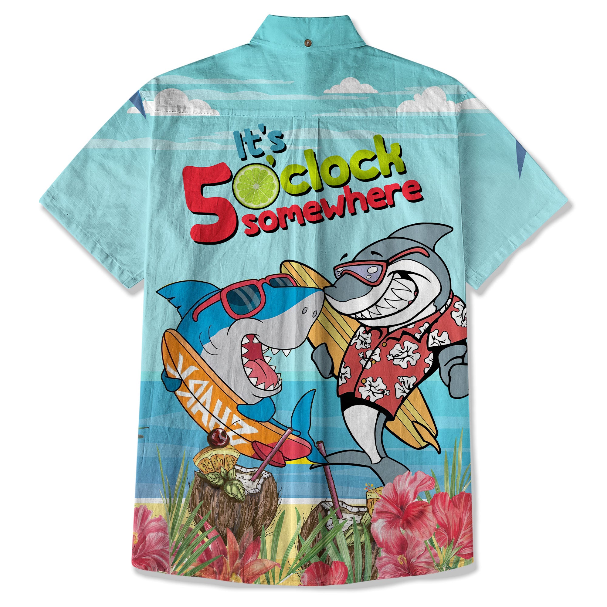 Retro Shark Hibiscus Drink Short Sleeve Shirt, I'm Not Waiting Until 5 Shirt