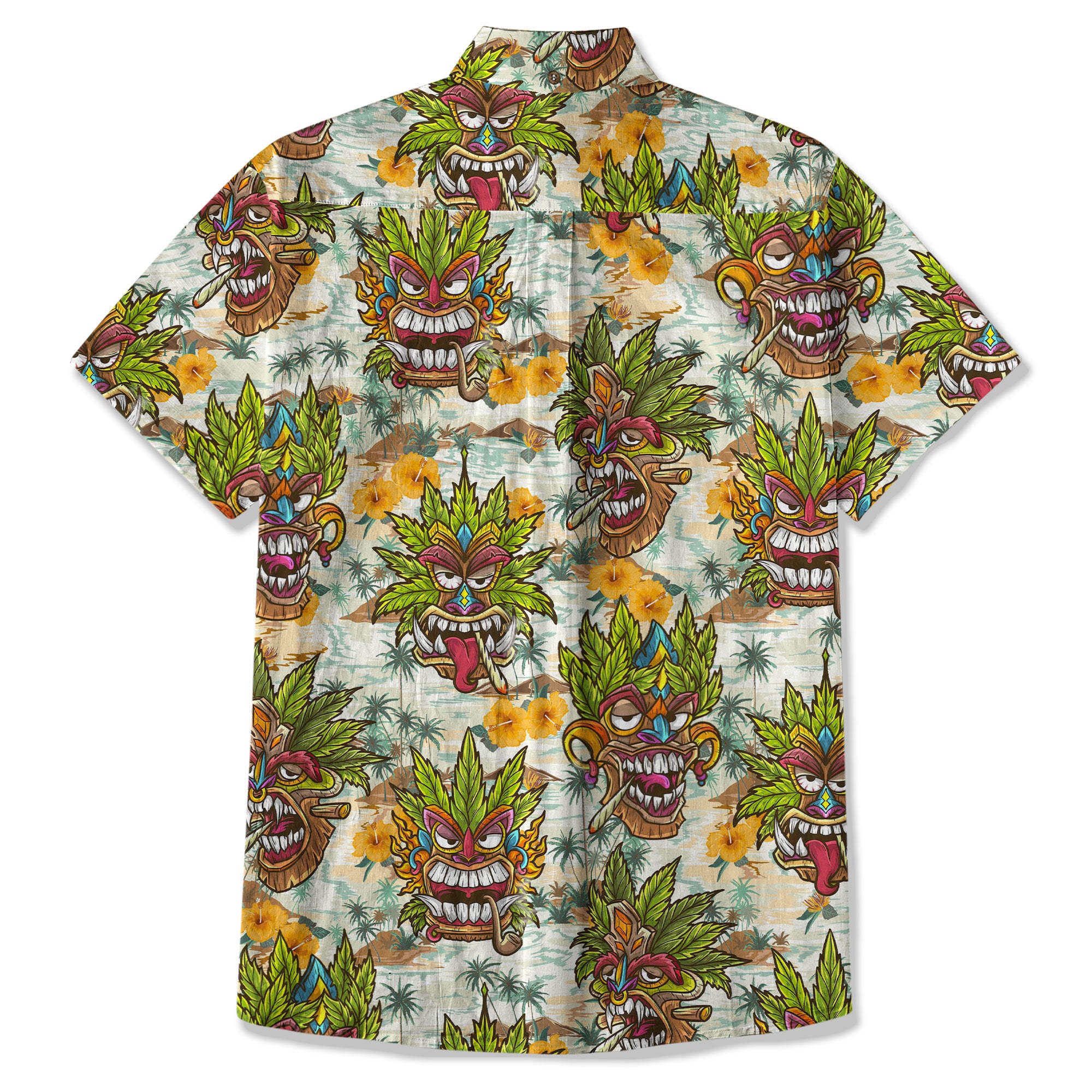 Tiki Mask Cannabis Smoking Hawaii Shirt, Hibiscus Flowers Smoking Tiki Hawaii Shirt