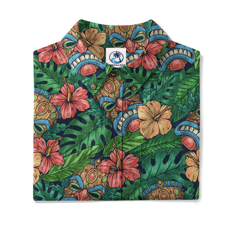 Tribal Tiki Hawaiian Shirt, Tiki Hibuscus Flowers Aloha Hawaii Shirt
