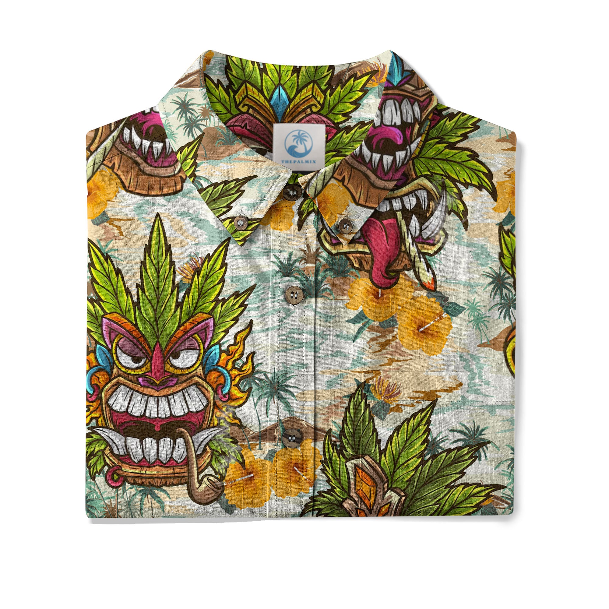 Tiki Mask Cannabis Smoking Hawaii Shirt, Hibiscus Flowers Smoking Tiki Hawaii Shirt