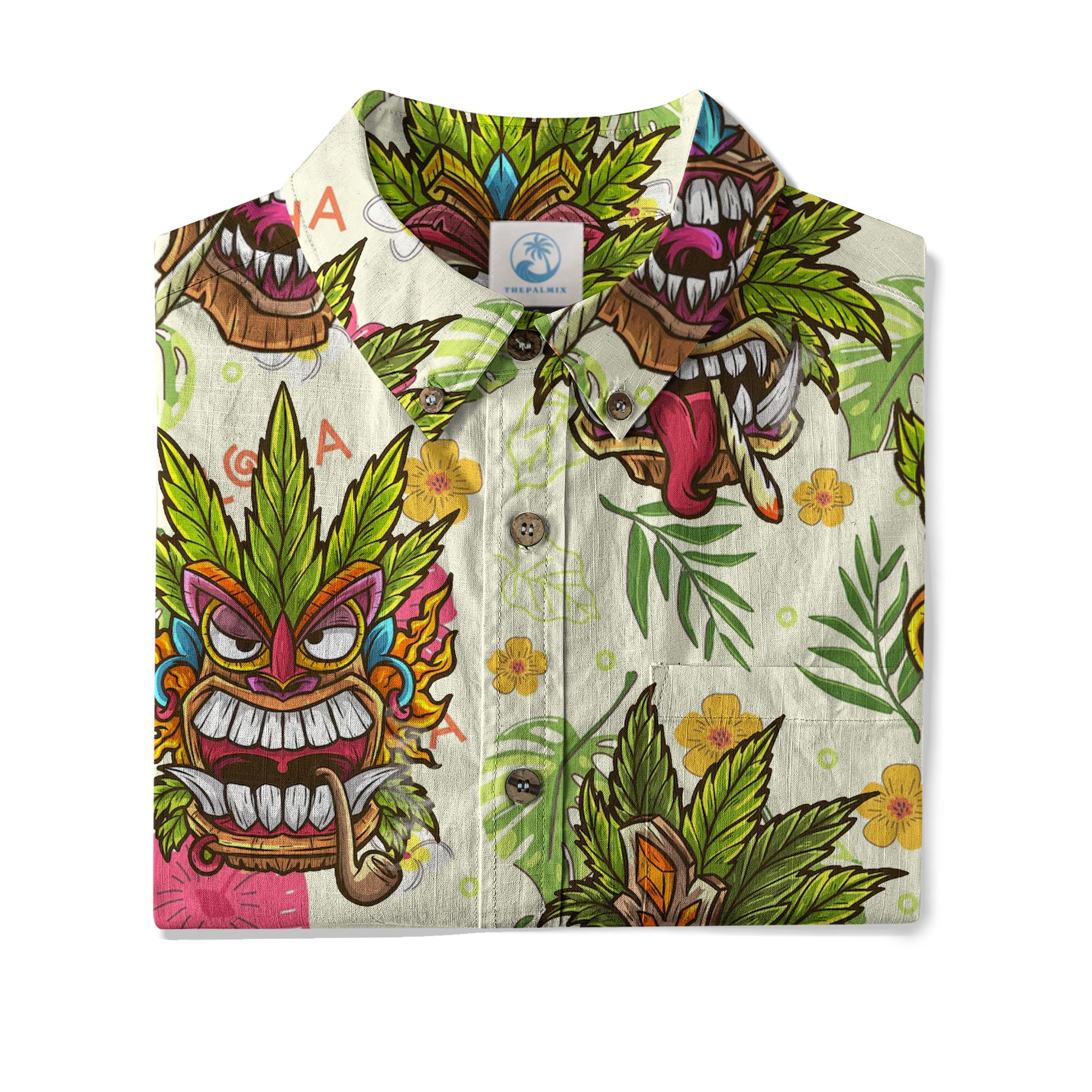 Tiki Mask Cannabis Smoking Hawaii Shirt, Hibiscus Flowers Smoking Tiki Hawaii Shirt
