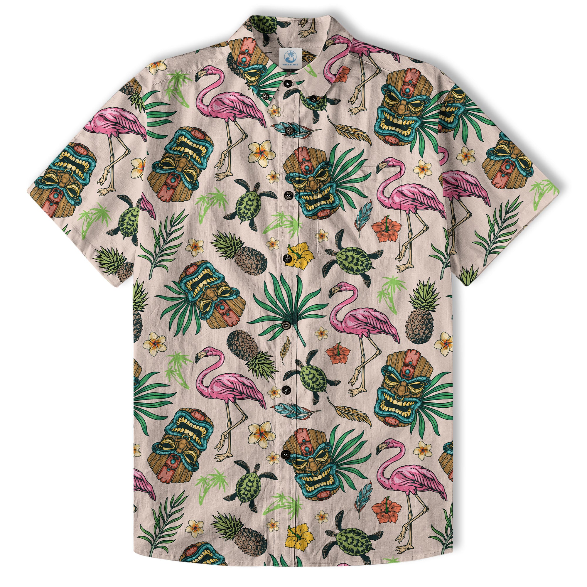 Tropical Tiki Mask Hawaiian Shirts, Flamingo Hawaii Button Down Shirt - The Palmix
