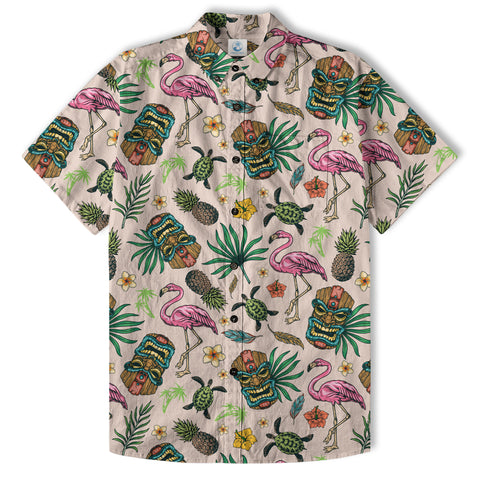 Tropical Tiki Mask Hawaiian Shirts, Flamingo Hawaii Button Down Shirt - The Palmix