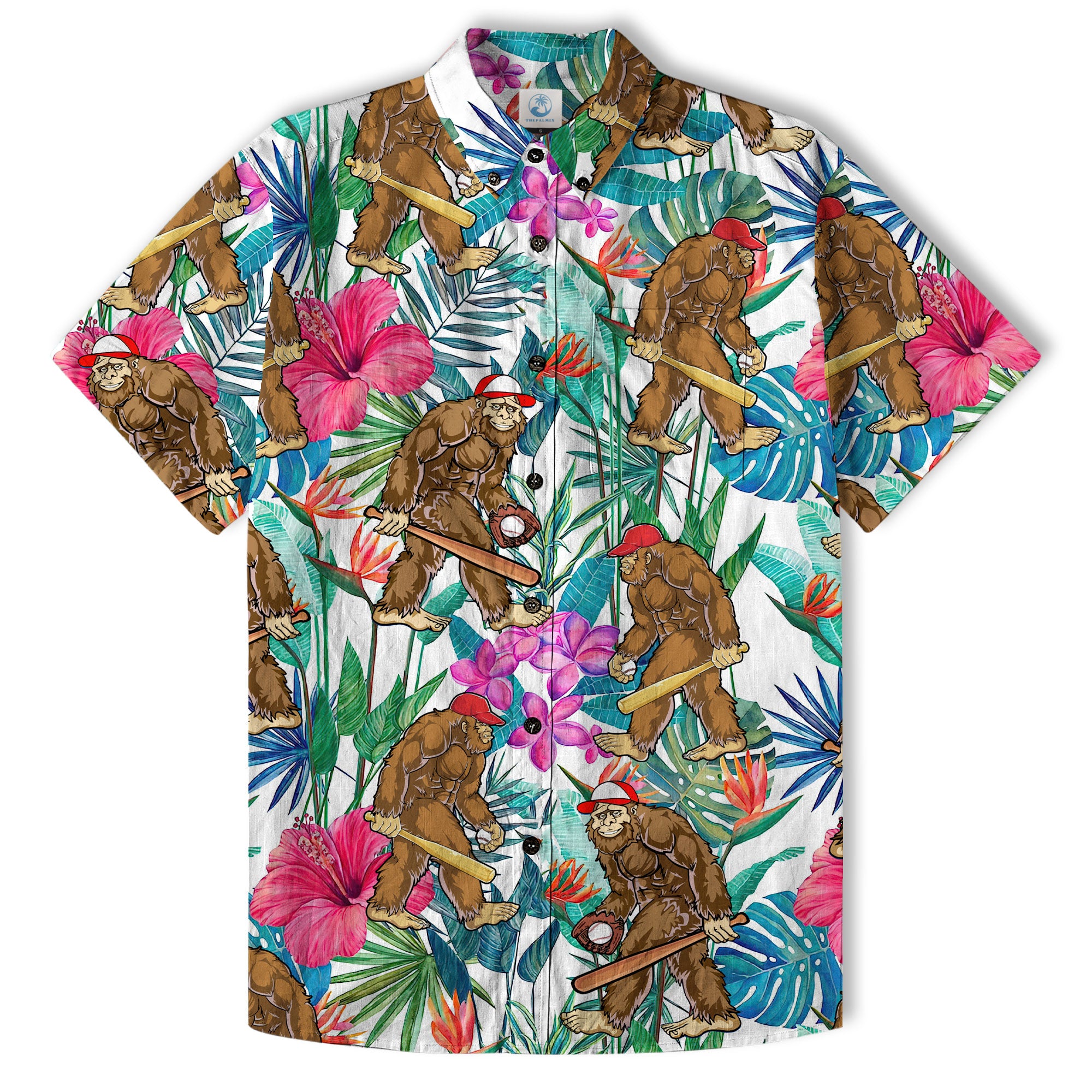 Tropical Bigfoot Alien Hawaiian Shirts for Men Women, Bigfoot Sasquatch Summer Beach Aloha Button Down Shirt - The Palmix