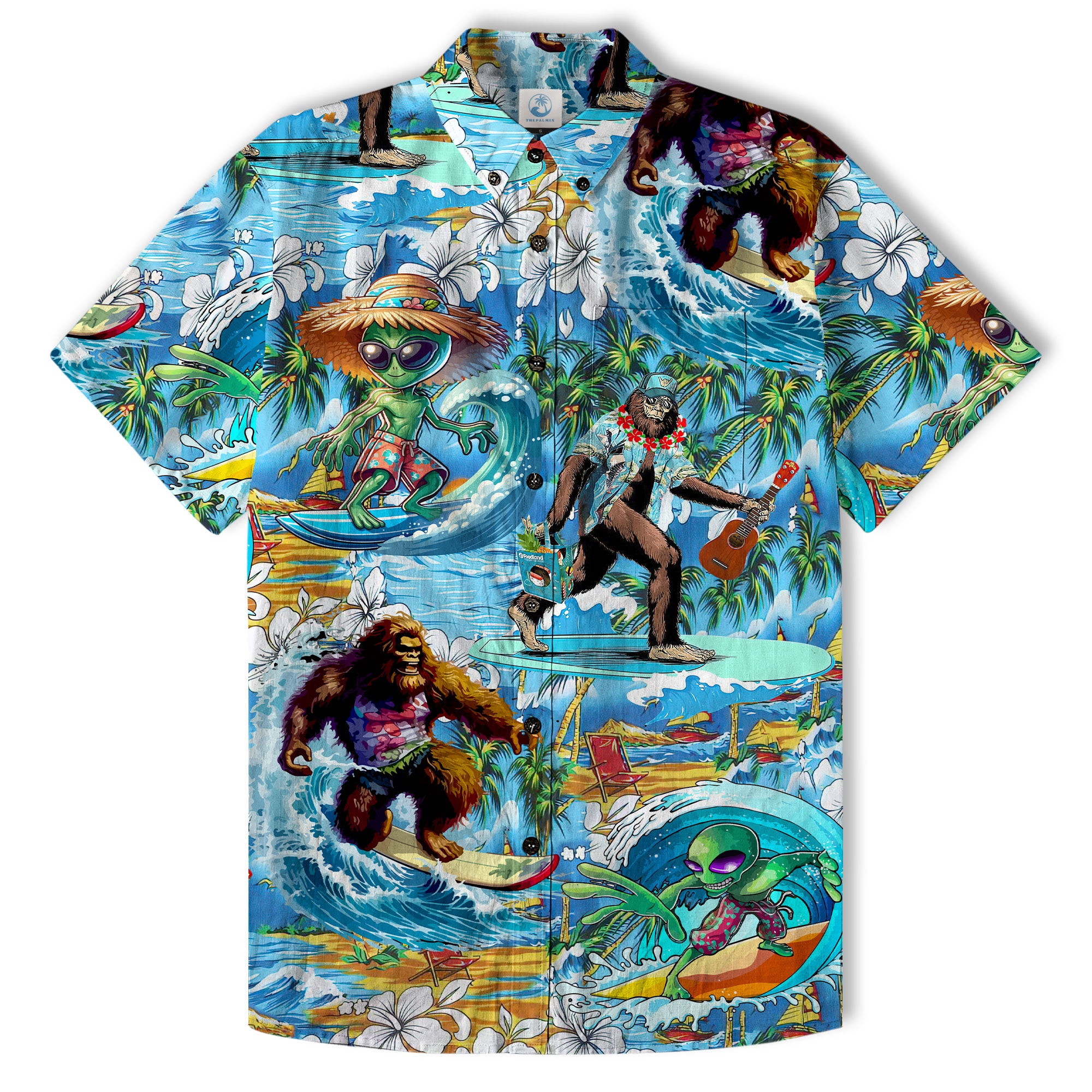 Tropical Bigfoot Alien Hawaiian Shirts for Men Women, Bigfoot Sasquatch Summer Beach Aloha Button Down Shirt - The Palmix