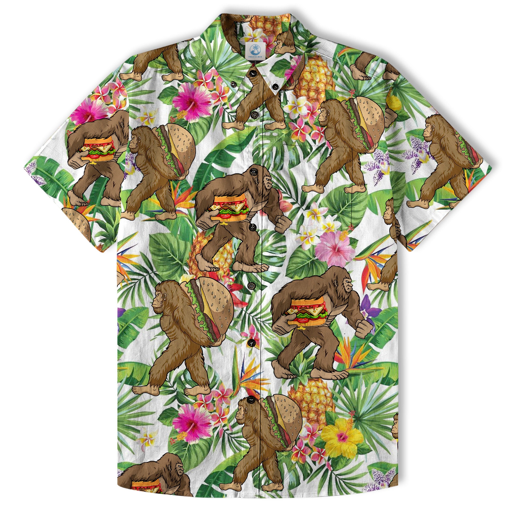 Bigfoot Burger Hawaiian Shirts for Men, Bigfoot Aloha Pattern Button Down Short Sleeve - The Palmix