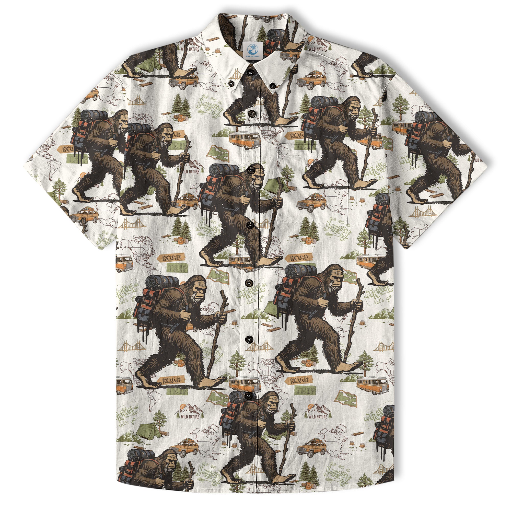 Bigfoot Hiking Hawaiian Shirts for Men, Bigfoot Hiking Pattern Button Down Short Sleeve - The Palmix