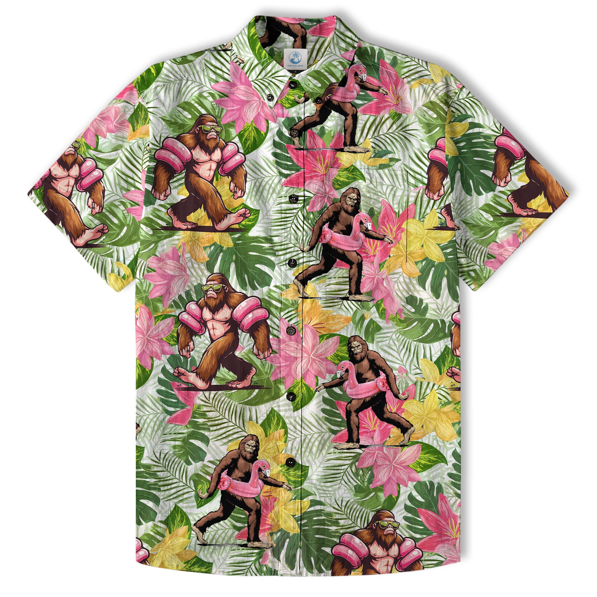 Tropical Bigfoot Hawaiian Shirt Men Women, Bigfoot Flamingo Hawaiian Shirt Summer Beach Aloha Short Sleeve Button Down - The Palmix
