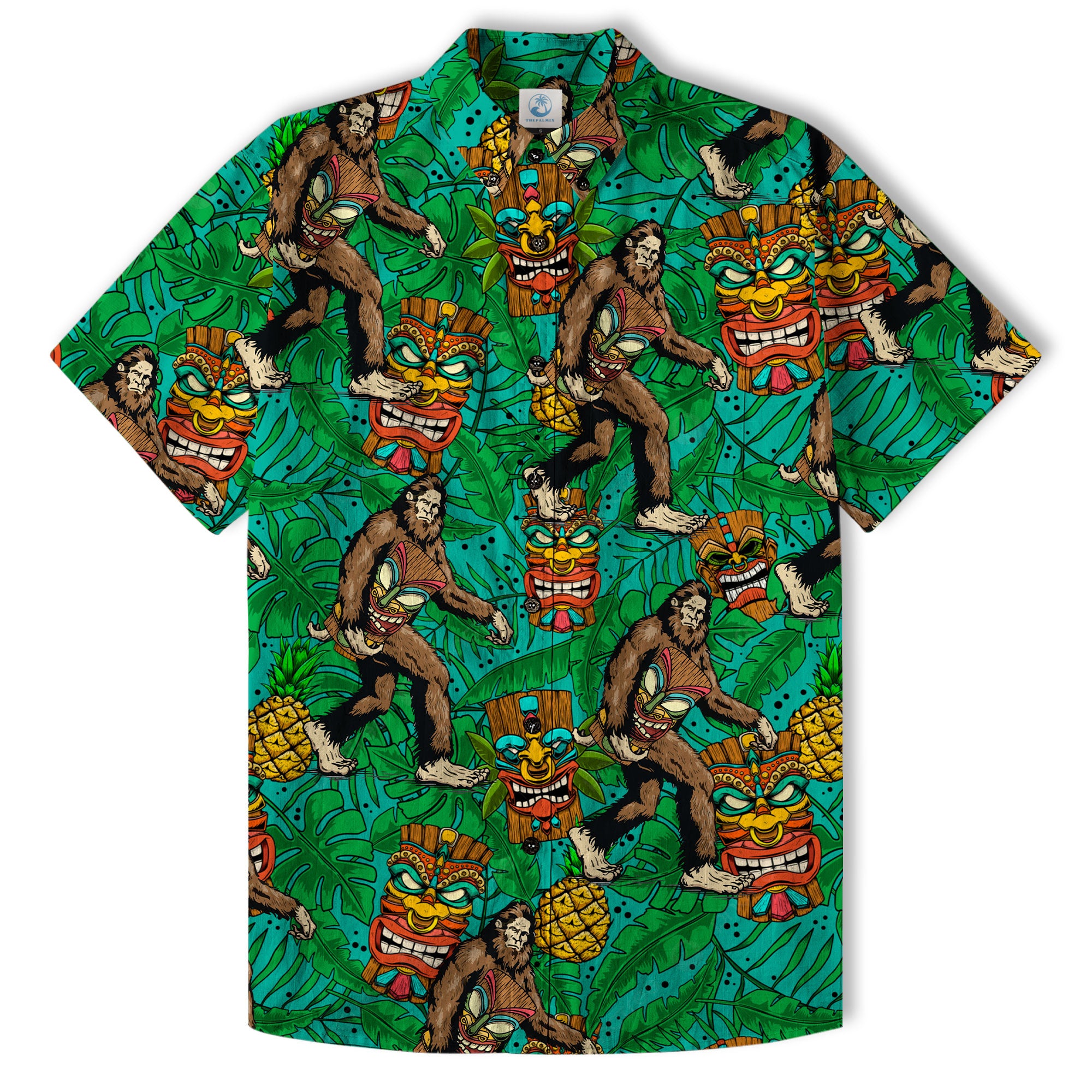 Tropical Bigfoot Hawaiian Shirt Men Women, Bigfoot Flamingo Hawaiian Shirt Summer Beach Aloha Short Sleeve Button Down - The Palmix