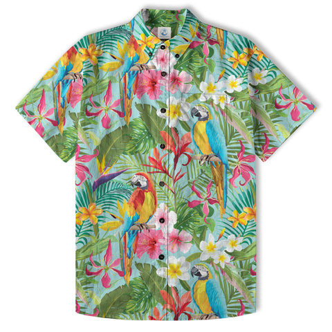 Tropical Parrot Summer Hawaiian Button Down Shirt, Parrot Flowers Pattern Hawaii Shirt - The Palmix