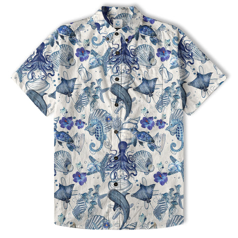 Vintage Ocean Print Hawaiian Shirts for Men Women, Sea Animal Aloha Summer Beach Shirt - The Palmix