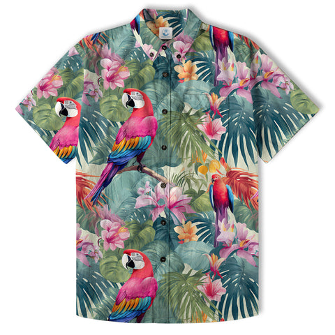Retro Parrot Tropical Getaway Hibiscus Shirt, Hawaiian Vacation Outfit Aloha Hawaii Shirt - The Palmix