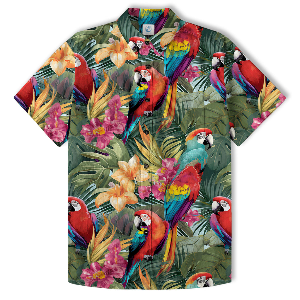 Vibrant Parrot Hibiscus Print Hawaiian Shirt, Casual Vacation Button Down Shirt - The Palmix