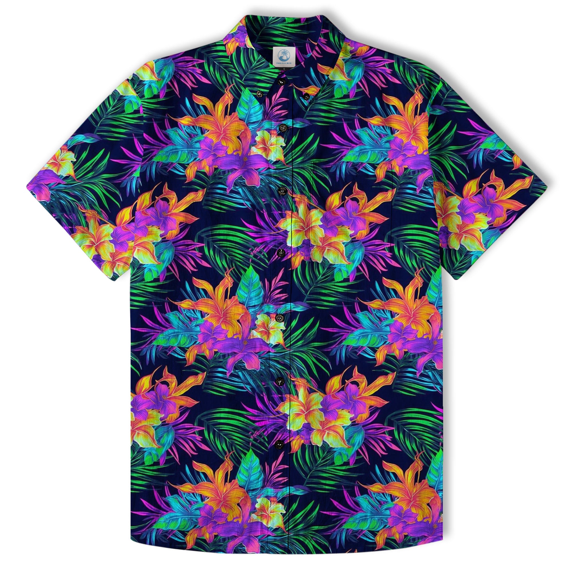 Tropical Sunset Surf & Palm Hawaiian Shirt – Vibrant Island Look – Electric Beach Pattern Aloha Hawaii Shirt - The Palmix