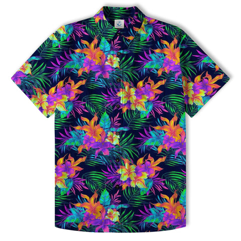 Tropical Sunset Surf & Palm Hawaiian Shirt – Vibrant Island Look – Electric Beach Pattern Aloha Hawaii Shirt - The Palmix